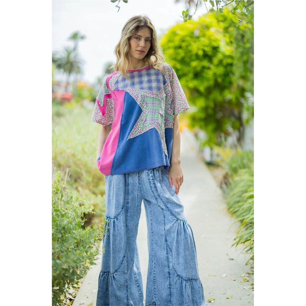 Blue Velvet Oversized Multi Contrast Top with Star Patches in Cobalt Pink Size S